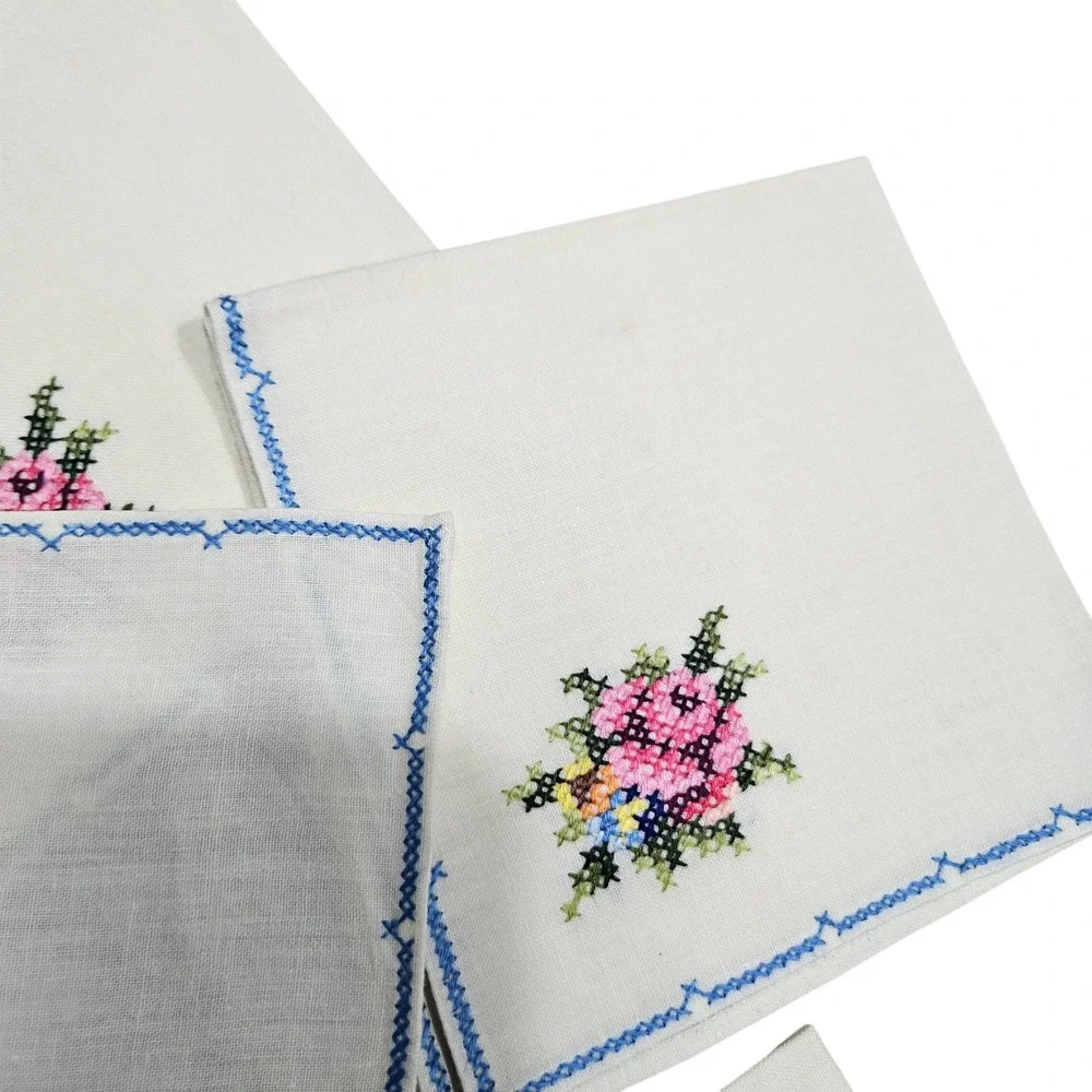 Vintage Set of 6 Embroidered Cocktail Napkins Floral Pink‎ Blue Cross Stitch